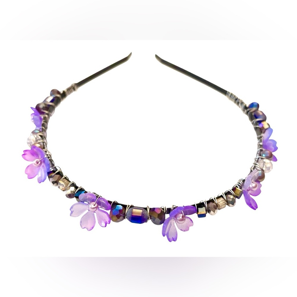 Fairy Headband with Lucite Flowers and Crystals Hand Wired onto Black Headband - Picture 4 of 6